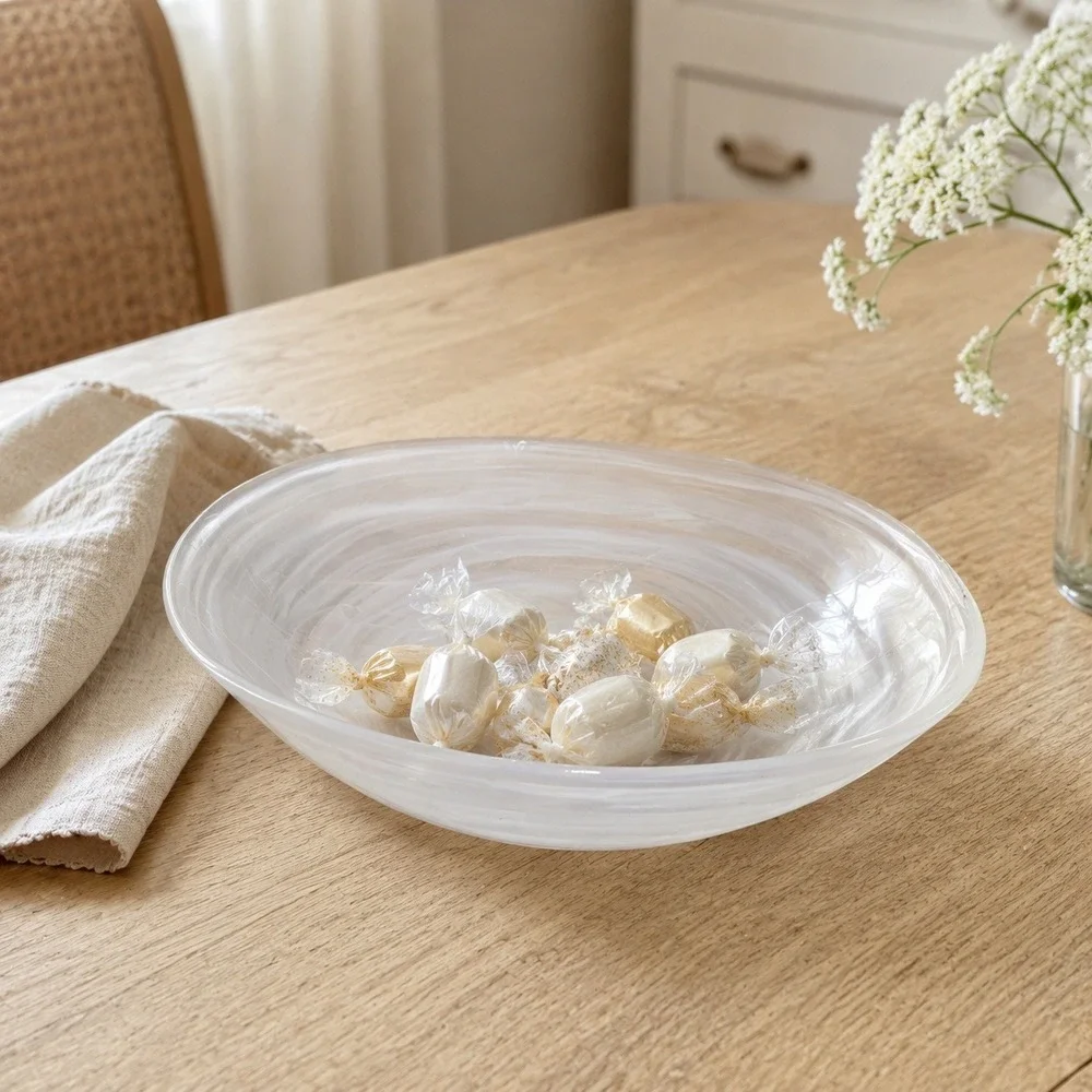 White Alabaster Swirl Art Glass Oval Serving Bowl Centerpiece 8.5 Inch